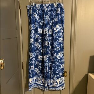 LOFT Blue and White Tropical Print Palazzo Pants